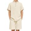 Arshiner Boys 2 Piece Summer Beach Outfits Textured Henley Shirts and Shorts Set Casual Vacation Clothes for 4-12 Years Kids(Beige)