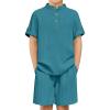 Arshiner Boys 2 Piece Summer Beach Outfits Textured Henley Shirts and Shorts Set Casual Vacation Clothes for 4-12 Years Kids(Blue Green)