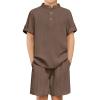 Arshiner Boys 2 Piece Summer Beach Outfits Textured Henley Shirts and Shorts Set Casual Vacation Clothes for 4-12 Years Kids(Brown)