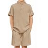 Arshiner Boys 2 Piece Summer Beach Outfits Textured Henley Shirts and Shorts Set Casual Vacation Clothes for 4-12 Years Kids(Khaki)
