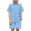 Arshiner Boys 2 Pieces Summer Outfits Short Sleeve Button Down Shirts and Shorts Sets for Kids Vacation Beach Wear 5-12 Years(Light Blue)
