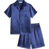 Arshiner Boys Silk Pajamas Set Short Sleeve Button Down Satin Pjs for 4-13 Years(Navy Blue)