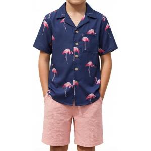 Arshiner Boys 2 Piece Hawaiian Outfits Button Down Shirt and Shorts Set Summer Vacation Clothes for 5-12 Years(Navy/Pink Flamingo)