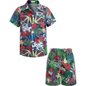 Arshiner Boys 2 Piece Outfits Hawaiian Shorts Sets Button Down Shirt and Shorts Summer Beach Clothes for 2-12 Years(Green – Tropical Print)