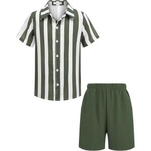 Arshiner Boys 2 Piece Outfits Hawaiian Shorts Sets Button Down Shirt and Shorts Summer Beach Clothes for 2-12 Years(Green Stripe)