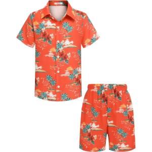 Arshiner Boys 2 Piece Outfits Hawaiian Shorts Sets Button Down Shirt and Shorts Summer Beach Clothes for 2-12 Years(Orange – Palm Tree)