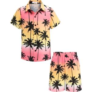 Arshiner Boys 2 Piece Outfits Hawaiian Shorts Sets Button Down Shirt and Shorts Summer Beach Clothes for 2-12 Years(Pink & Yellow – Palm Tree)
