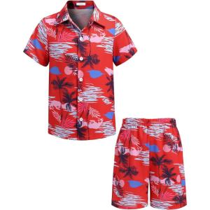 Arshiner Boys 2 Piece Outfits Hawaiian Shorts Sets Button Down Shirt and Shorts Summer Beach Clothes for 2-12 Years(Red – Beach)