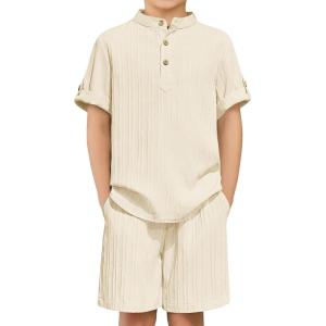 Arshiner Boys 2 Piece Summer Beach Outfits Textured Henley Shirts and Shorts Set Casual Vacation Clothes for 4-12 Years Kids(Beige)