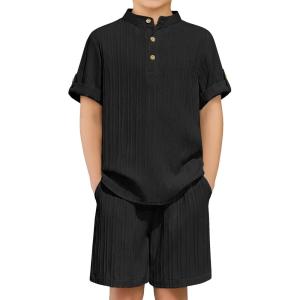 Arshiner Boys 2 Piece Summer Beach Outfits Textured Henley Shirts and Shorts Set Casual Vacation Clothes for 4-12 Years Kids(Black)