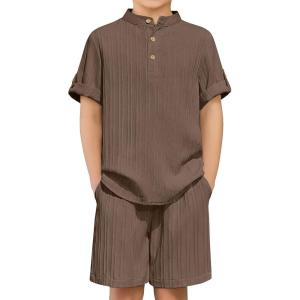 Arshiner Boys 2 Piece Summer Beach Outfits Textured Henley Shirts and Shorts Set Casual Vacation Clothes for 4-12 Years Kids(Brown)