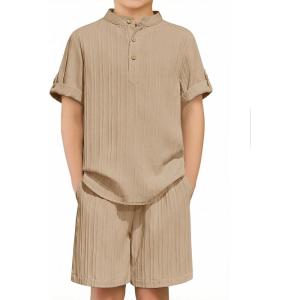 Arshiner Boys 2 Piece Summer Beach Outfits Textured Henley Shirts and Shorts Set Casual Vacation Clothes for 4-12 Years Kids(Khaki)