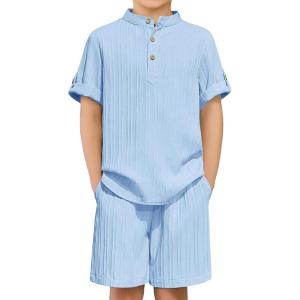 Arshiner Boys 2 Piece Summer Beach Outfits Textured Henley Shirts and Shorts Set Casual Vacation Clothes for 4-12 Years Kids(Light Blue)