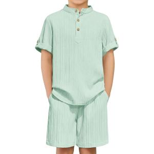 Arshiner Boys 2 Piece Summer Beach Outfits Textured Henley Shirts and Shorts Set Casual Vacation Clothes for 4-12 Years Kids(Light Green)