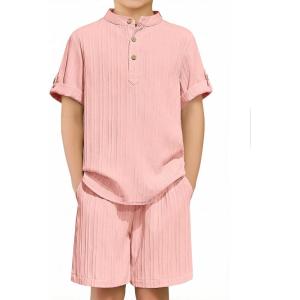 Arshiner Boys 2 Piece Summer Beach Outfits Textured Henley Shirts and Shorts Set Casual Vacation Clothes for 4-12 Years Kids(Light Pink)