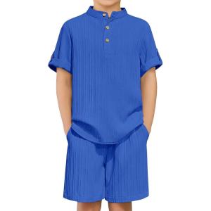 Arshiner Boys 2 Piece Summer Beach Outfits Textured Henley Shirts and Shorts Set Casual Vacation Clothes for 4-12 Years Kids(Royal Blue)