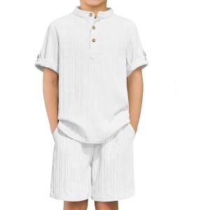 Arshiner Boys 2 Piece Summer Beach Outfits Textured Henley Shirts and Shorts Set Casual Vacation Clothes for 4-12 Years Kids(White)