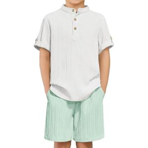 Arshiner Boys 2 Piece Summer Beach Outfits Textured Henley Shirts and Shorts Set Casual Vacation Clothes for 4-12 Years Kids(White-green)