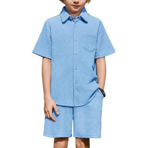 Arshiner Boys 2 Pieces Summer Outfits Short Sleeve Button Down Shirts and Shorts Sets for Kids Vacation Beach Wear 5-12 Years(Light Blue)