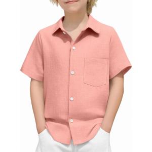 Arshiner Boys Button Down Shirt 100% Cotton Short Sleeve Shirt Solid Summer Beach Shirts with Pocket Size 4-14 Years(Pink)