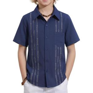 Arshiner Boys Guayabera Shirt Short Sleeve Cotton Linen Button Down Shirt Summer Beach Tops with One Pocket(Heather Indigo)