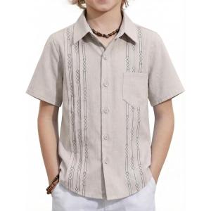 Arshiner Boys Guayabera Shirt Short Sleeve Cotton Linen Button Down Shirt Summer Beach Tops with One Pocket(Light Khaki)