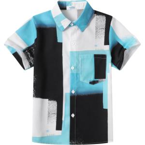 Arshiner Boy’s Hawaiian Shirt Summer Tropical Button Down Shirt Short Sleeve Beach Shirt for Kids 100% Cotton Size 4-14 Years(Blue & White Colorblock)