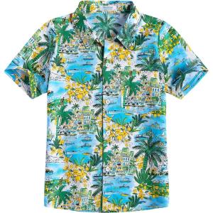 Arshiner Boy’s Hawaiian Shirt Summer Tropical Button Down Shirt Short Sleeve Beach Shirt for Kids 100% Cotton Size 4-14 Years(Blue- Coconut Tree Print)