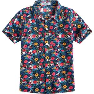 Arshiner Boy’s Hawaiian Shirt Summer Tropical Button Down Shirt Short Sleeve Beach Shirt for Kids 100% Cotton Size 4-14 Years(Navy- Floral Print)