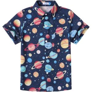 Arshiner Boy’s Hawaiian Shirt Summer Tropical Button Down Shirt Short Sleeve Beach Shirt for Kids 100% Cotton Size 4-14 Years(Navy- Planet Print)