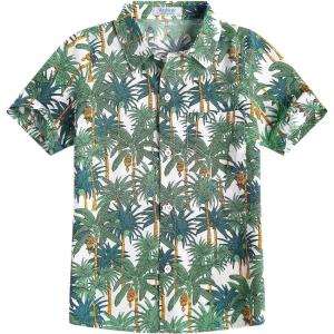 Arshiner Boy’s Hawaiian Shirt Summer Tropical Button Down Shirt Short Sleeve Beach Shirt for Kids 100% Cotton Size 4-14 Years(White- Palm Trees Print)