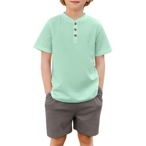 Arshiner Boy’s Henley T-Shirt and Shorts Set 2 Pieces Summer Clothing Outfits 9-10 Years Green & Grey