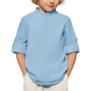 Arshiner Boys Linen Henley Cotton Shirt Button Up Short Sleeve Beach Tee Casual Tops Size 4-12 Years(Blue)