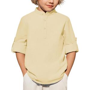 Arshiner Boys Linen Henley Cotton Shirt Button Up Short Sleeve Beach Tee Casual Tops Size 4-12 Years(Cream)
