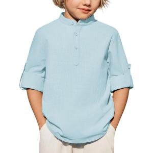 Arshiner Boys Linen Henley Cotton Shirt Button Up Short Sleeve Beach Tee Casual Tops Size 4-12 Years(Light Blue)