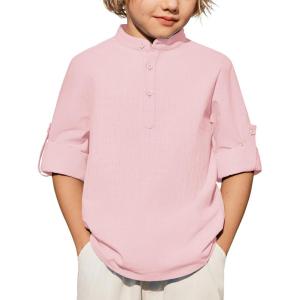 Arshiner Boys Linen Henley Cotton Shirt Button Up Short Sleeve Beach Tee Casual Tops Size 4-12 Years(Light Pink)