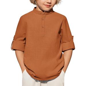 Arshiner Boys Linen Henley Cotton Shirt Button Up Short Sleeve Beach Tee Casual Tops Size 4-12 Years(Russet Brown)