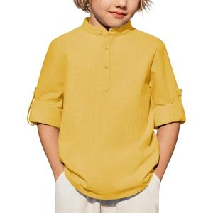 Arshiner Boys Linen Henley Cotton Shirt Button Up Short Sleeve Beach Tee Casual Tops Size 4-12 Years(Yellow)