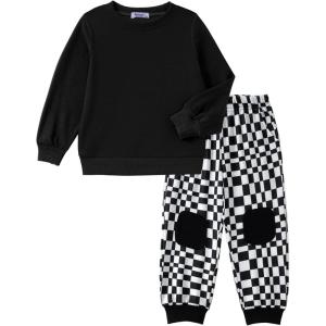 Arshiner Boys Pant Sets Long Sleeve Black Shirts and Plaid Pants Crewneck Sweatshirt for Fall Winter 3-4T