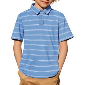 Arshiner Boys Polo Shirt Golf Stripe Short Sleeve Button Performance Sport Collared Shirts for Kids Size 4-12 Years(Blue/White Double-stripe)