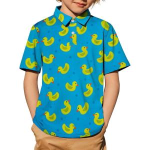 Arshiner Boys Polo Shirt Golf Stripe Short Sleeve Button Performance Sport Collared Shirts for Kids Size 4-12 Years(Yellow Ducks)