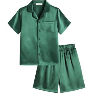 Arshiner Boys Silk Pajamas Set Short Sleeve Button Down Satin Pjs for 4-13 Years(Dark Green)