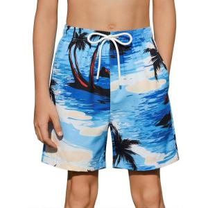 Arshiner Boys Swim Trunks Quick Dry Bathing Suit Boys Swim Shorts Stretch Swimsuit 6-14 Years(Palm Tree – Blue)