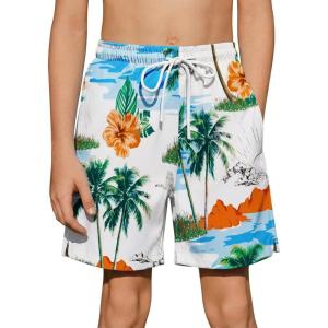 Arshiner Boys Swim Trunks Quick Dry Bathing Suit Boys Swim Shorts Stretch Swimsuit 6-14 Years(Palm Tree- White)