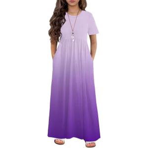 Arshiner Girls Maxi Dress Long/Short Sleeve Casual Holiday Dress with Pockets for 5-13 Years(Short Sleeve Purple Gradient)
