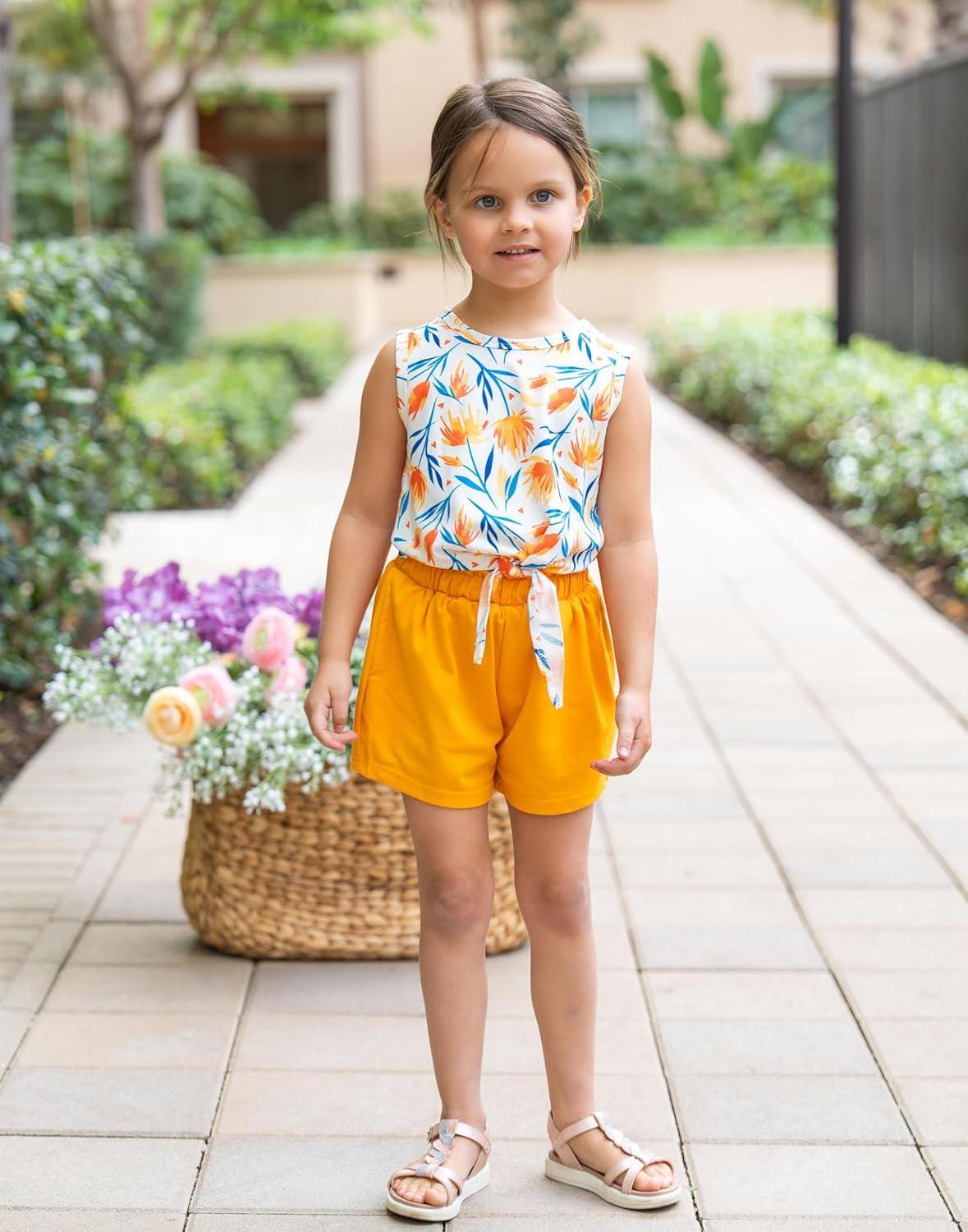 image:imageArshiner Girls 2 Piece Outfits Tie Knot Tank Top and Paperbag Waist Pocketed Summer Short SetsOrange Flower
