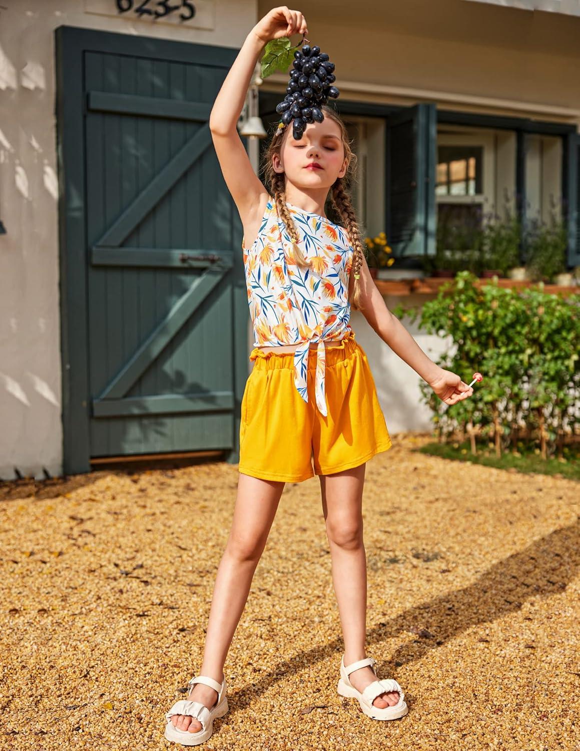 image:imageArshiner Girls 2 Piece Outfits Tie Knot Tank Top and Paperbag Waist Pocketed Summer Short SetsOrange Flower
