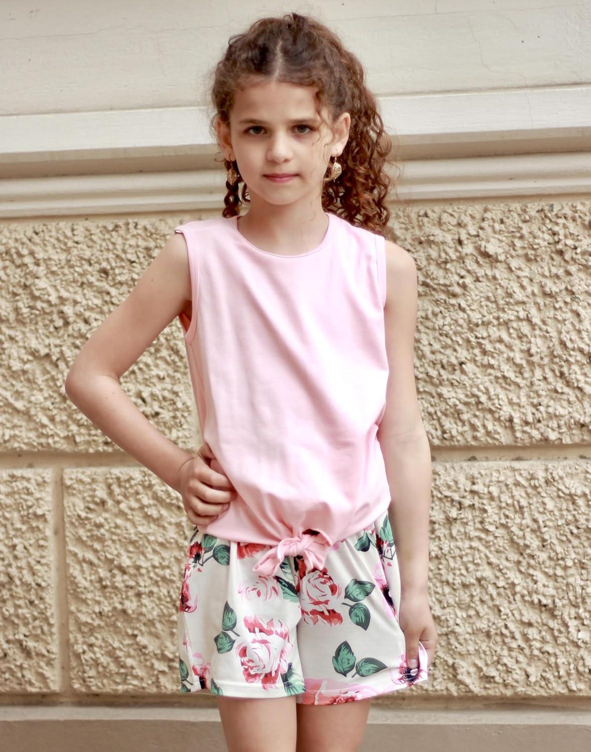 image:imageArshiner Girls 2 Piece Outfits Tie Knot Tank Top and Paperbag Waist Pocketed Summer Short SetsPink Flower