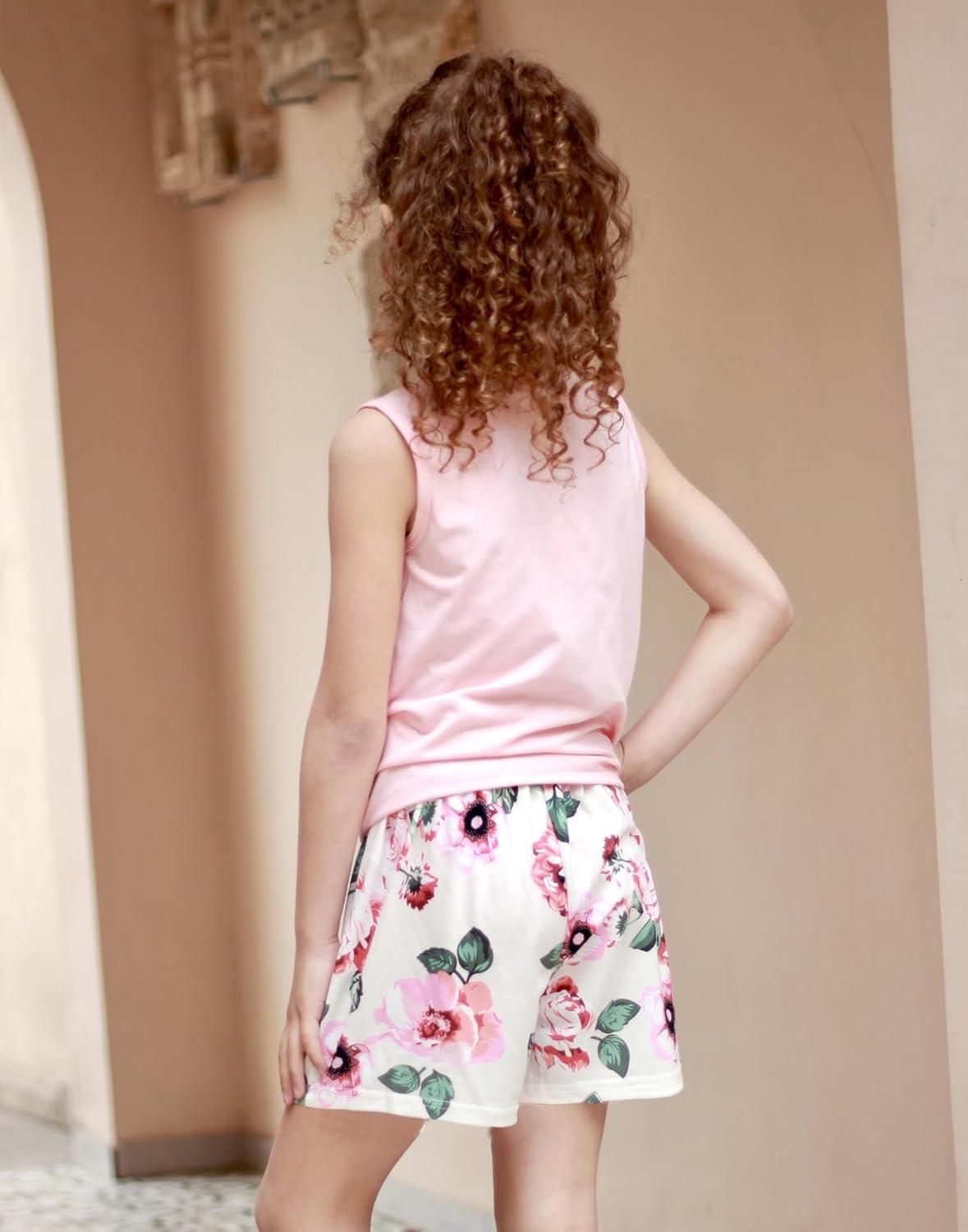 image:imageArshiner Girls 2 Piece Outfits Tie Knot Tank Top and Paperbag Waist Pocketed Summer Short SetsPink Flower