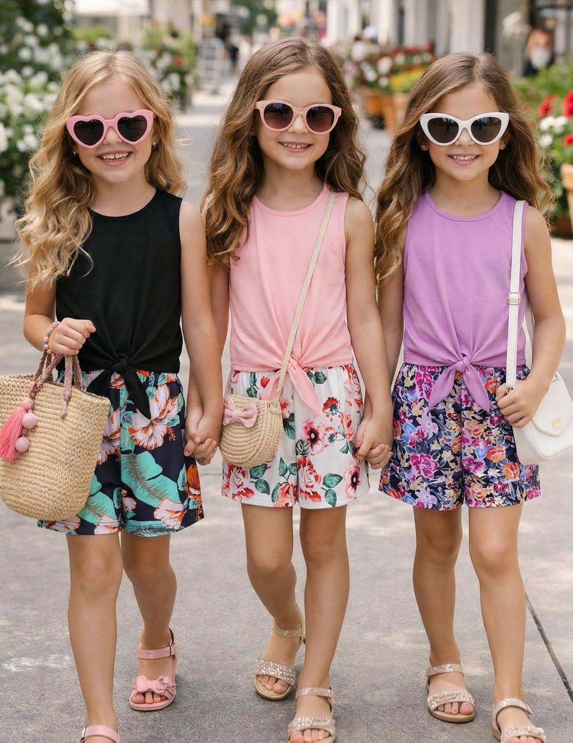 image:imageArshiner Girls 2 Piece Outfits Tie Knot Tank Top and Paperbag Waist Pocketed Summer Short SetsPink Flower